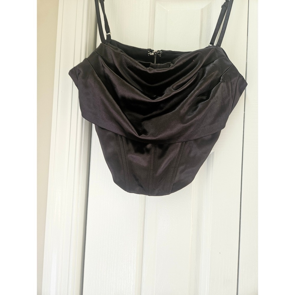 NBD Black Satin Corset Top Draped Cowl Neck Boned Bodice Evening Camisole Medium